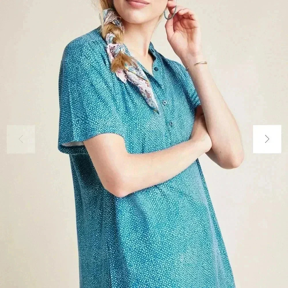 Anthropologie Maeve Windham Tunic Small Blue Green Henley Flutter Sleeve